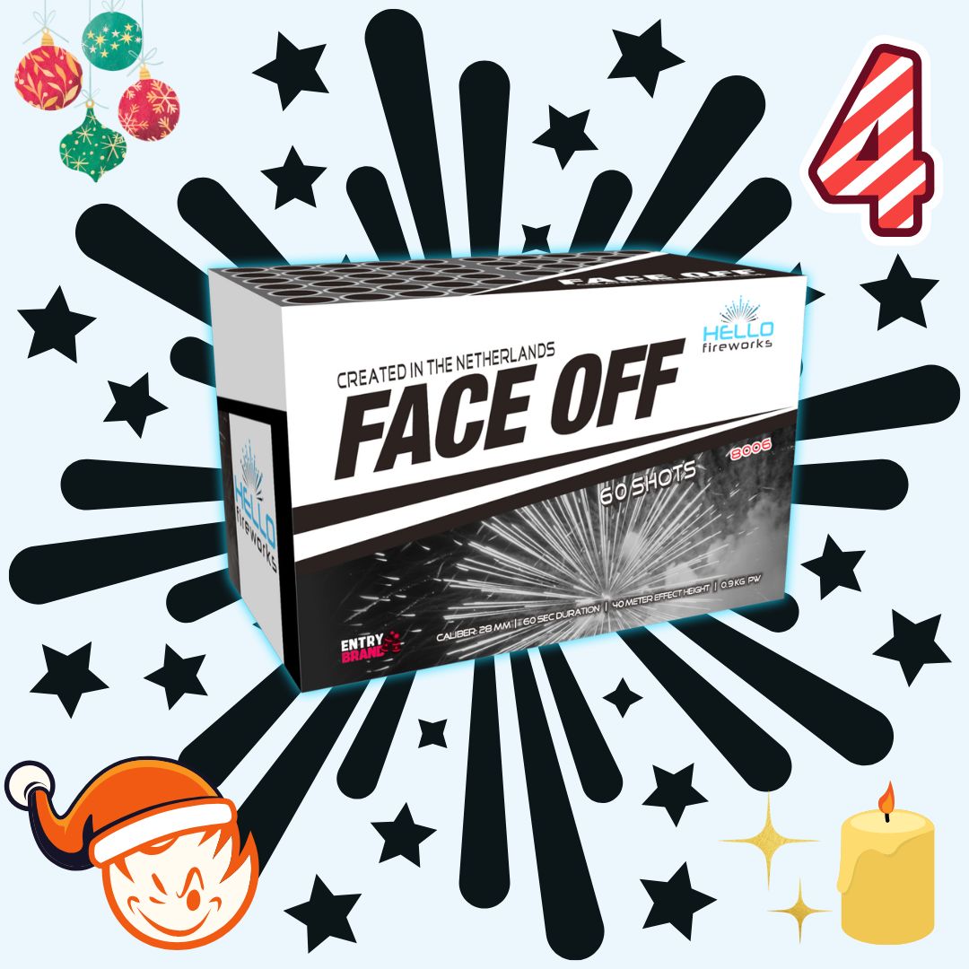 Eine Schachtel Feuerwerkskörper vom Typ „#ADVENTSDEAL 4 🎄 HELLO Face Off 60sh Compound 🚚 1,4G“ mit festlichen Sternen- und Elfengrafiken verspricht lebendige Farbenfroh-Effekte, um Ihre Feier als neuestes Verbundfeuerwerk NEUHEIT 2024 von Hello zu erhellen.