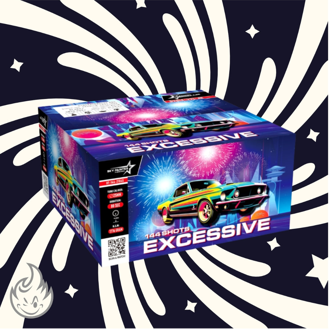 Das „Sky Painter Excessive 144sh Verbundfeuerwerk 🚚 1.4G“ von Sky Painter zeigt auf seiner farbenfrohen Displaybox einen lebendigen Oldtimer. Die wirbelnden Muster im Hintergrund, die an Feuerwerksexplosionen erinnern, lenken die Aufmerksamkeit auf die beeindruckenden 144 Schüsse und versprechen ein extravagantes Spektakel für jede Feier.