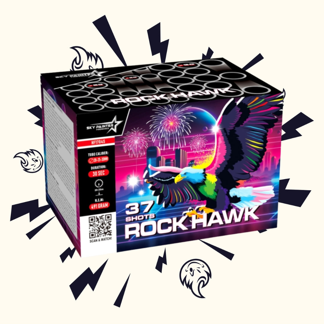 Die Sky Painter Rock Hawk 37sh Feuerwerksbatterie der Marke Sky Painter besticht durch ein lebendiges Design mit einem majestätischen, bunten Falken, der über dem Feuerwerk der Stadt schwebt. Diese farbenfrohe Feuerwerksbox zeigt stolz „37 Schüsse“ in auffälligen Schriftarten und verkörpert die Essenz eines echten „Sky Painter“.