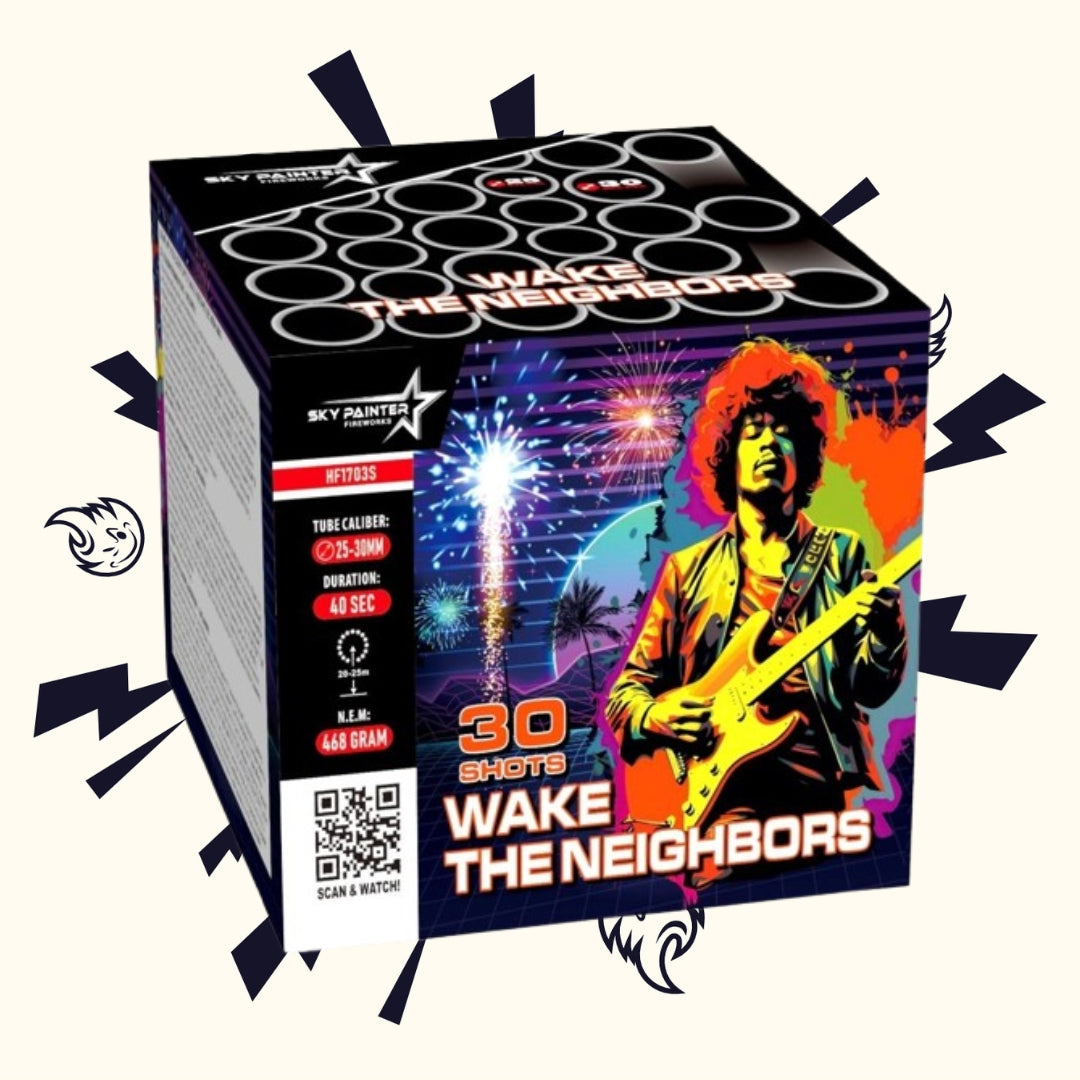 Eine bunte Schachtel mit „Sky Painter Wake the Neighbors“-Feuerwerkskörpern zeigt eine Gitarre spielende Figur. Diese Feuerwerksbatterie bietet ein aufregendes Erlebnis mit 30 Schüssen, Kalibern von 0,75 bis 1,2 Zoll und einer spannenden Dauer von 40 Sekunden. Scannen Sie den QR-Code für weitere Details.